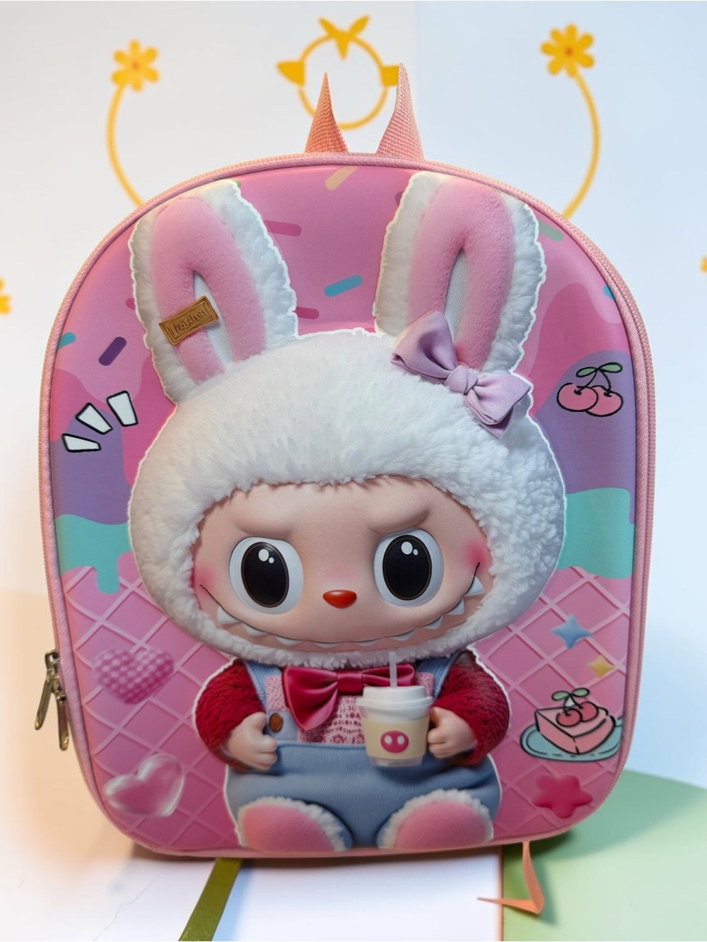 NWOT Cute Character Pink Kids Backpack with Plush Face-unbranded